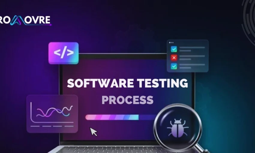 An illustration of the software testing process with a laptop, code, charts, and a bug in a magnifying glass.