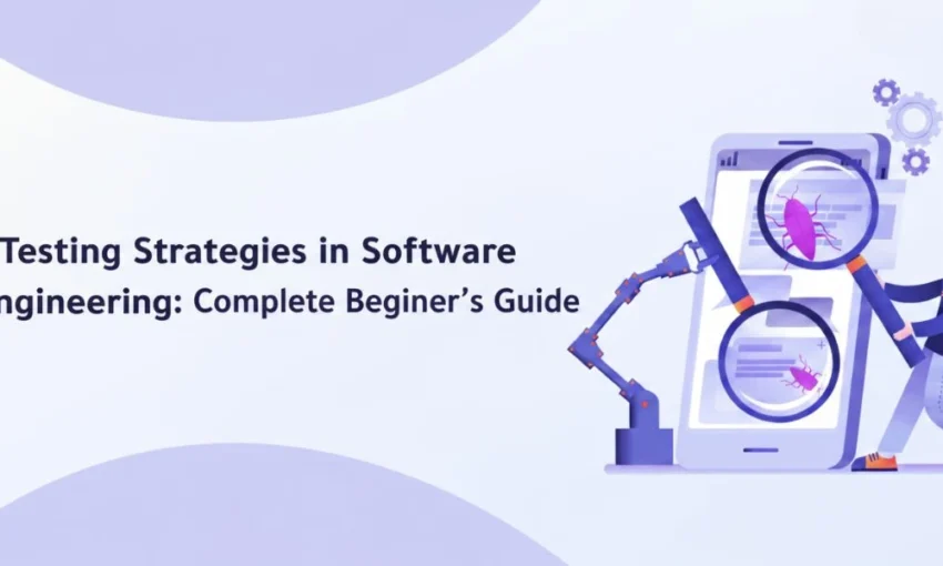 A person inspects a mobile app screen with a magnifying glass to find bugs for a software testing guide