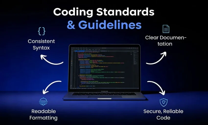 Diagram illustrating coding standards & guidelines: consistent syntax, clear documentation, readable formatting, and secure, reliable code.