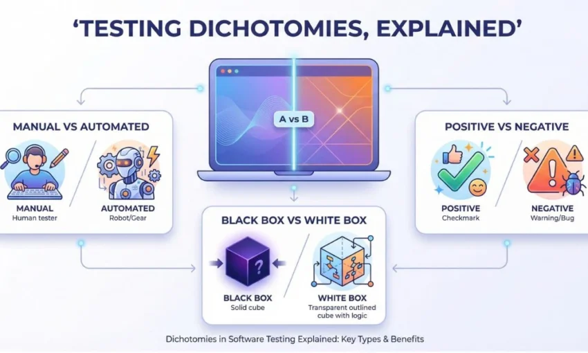 Infographic explaining software testing dichotomies: manual vs automated, positive vs negative, and black box vs white box.