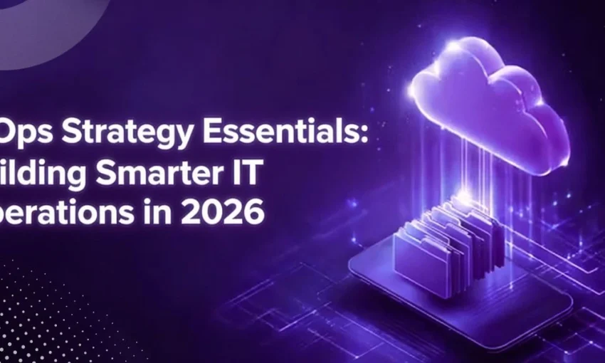 A purple graphic titled "AIOps Strategy Essentials: Building Smarter IT Operations in 2026" with a glowing cloud icon.