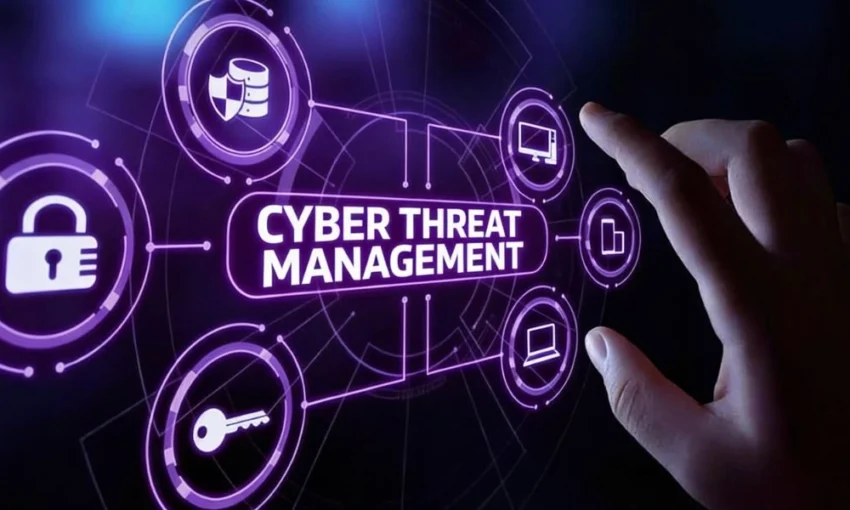Digital art of a hand touching a "Cyber Threat Management" screen surrounded by security icons like locks and keys.