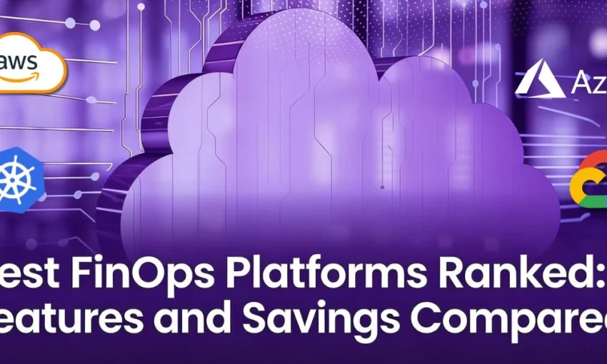 Graphic titled "Best FinOps Platforms Ranked" featuring AWS, Azure, Google Cloud, and Kubernetes logos over a cloud.