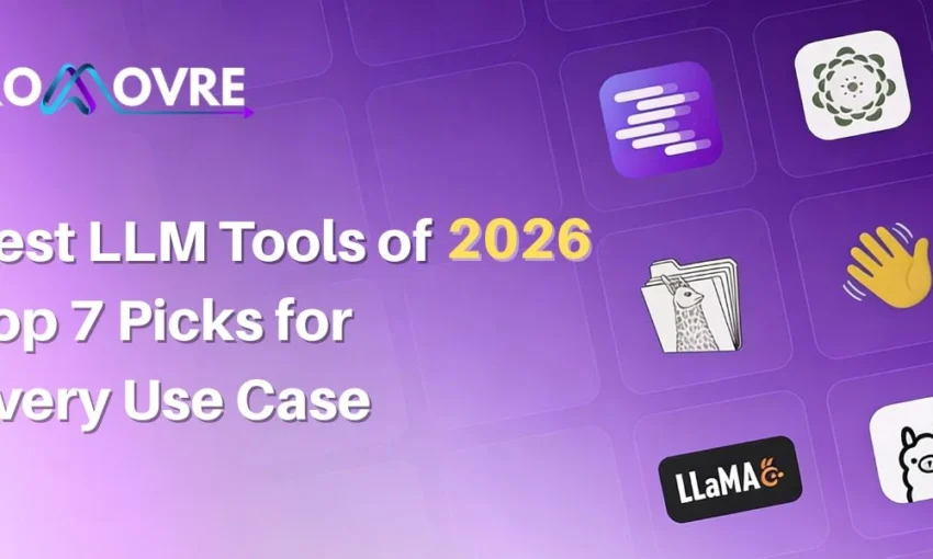 Promotional graphic for 'Best LLM Tools of 2026', featuring various app icons and the LLaMA logo.