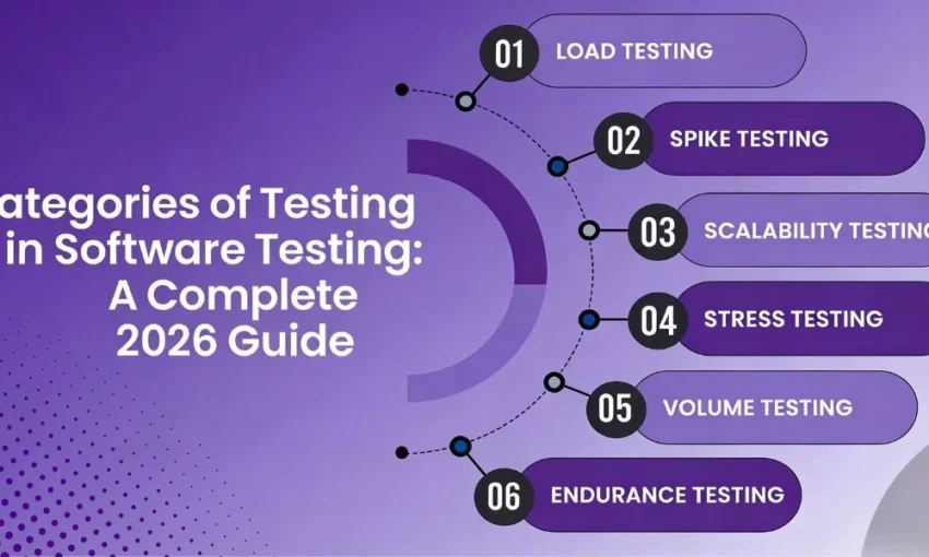 Infographic: "Categories of Testing in Software Testing: A Complete 2026 Guide" listing 6 performance testing types.
