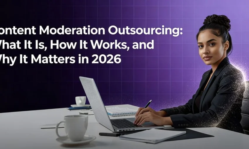 Woman at a desk with a laptop. Text: "Content Moderation Outsourcing: What It Is, How It Works, and Why It Matters in 2026."