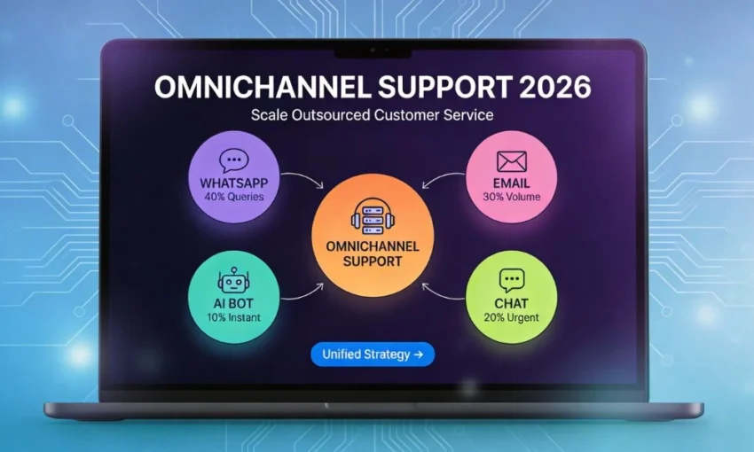 Omnichannel support strategy infographic: WhatsApp 40% queries, Email 30% volume, Chat 20% urgent, AI Bot 10% instant.