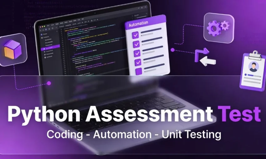 A laptop displaying code with "Python Assessment Test" text, focusing on coding, automation, and unit testing.