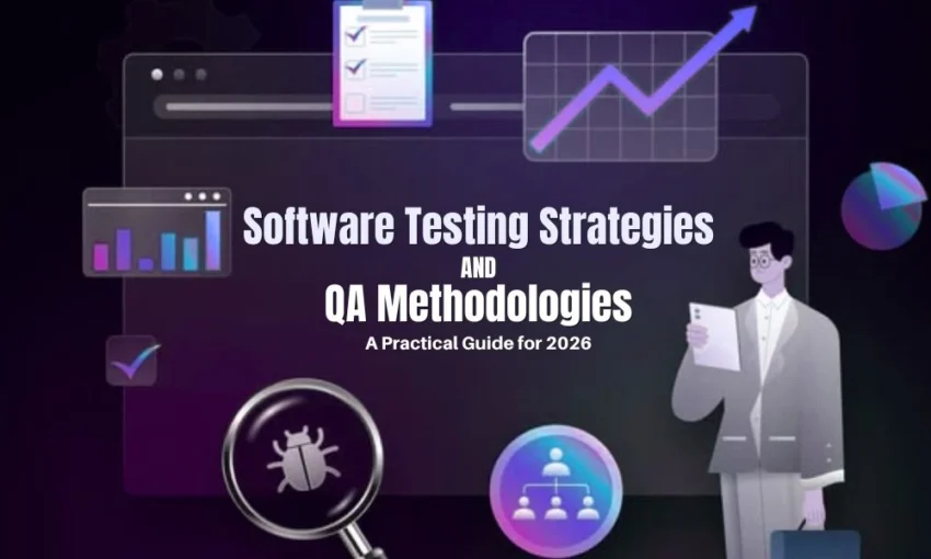 Graphic titled "Software Testing Strategies and QA Methodologies: A Practical Guide for 2026" with tech icons.