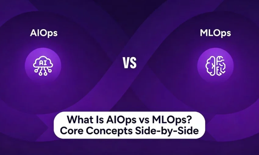 Comparison graphic for AIOps vs MLOps. Text: What Is AIOps vs MLOps? Core Concepts Side-by-Side.