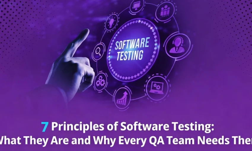 Hand pointing to a Software Testing graphic. Text: 7 Principles of Software Testing: What They Are and Why QA Teams Need Them.