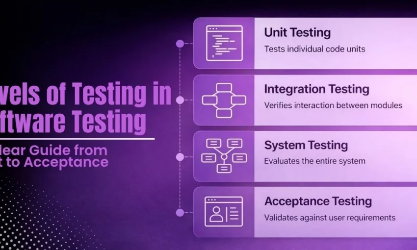 Infographic titled "Levels of Testing in Software Testing" showing Unit, Integration, System, and Acceptance testing.