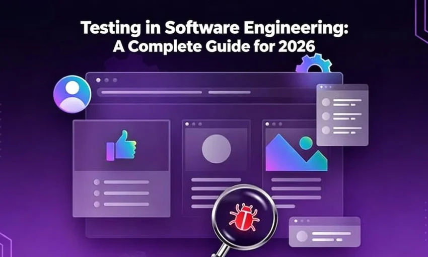 Graphic titled "Testing in Software Engineering Guide 2026" featuring UI windows and a bug under a magnifying glass.