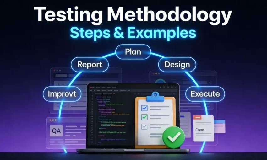 Diagram of testing methodology steps: Plan, Design, Execute, Report, Improvt, and QA, circling a laptop and checklist.